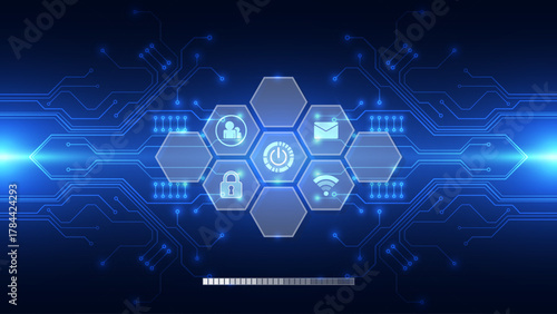  Futuristic System Boot Interface Background: Hexagon Icons for Cyber Security and Network Startup
