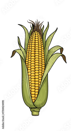 A stylized illustration of an ear of corn with husk and leaves on a white background