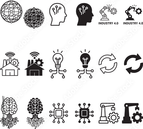 Digital Transformation line and silhouette icon set related to digitalization, digital services, internet, cloud computing, technology vector illustration on white background