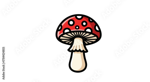 A cartoon illustration of a red mushroom with white spots, set against a plain white background