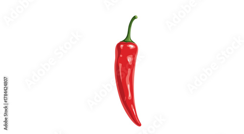 A vibrant, glossy, red chili pepper with a green stem, isolated on a white background
