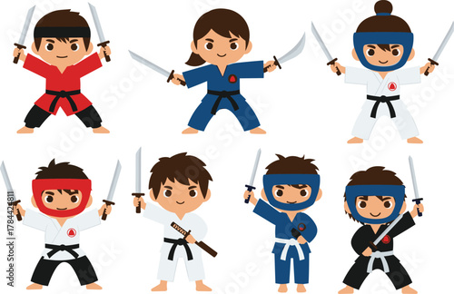 Cartoon martial arts characters, sword fighters in colorful uniforms, dynamic poses, karate, samurai, ninja warriors, action stances, vector illustration design