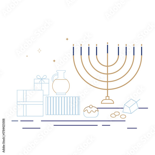 Hanukkah menorah and traditional icons in simple line minimal style. Jewish donuts , dreidel game and oil jag.