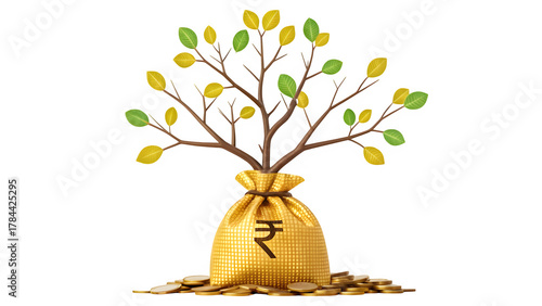 Money Bag with Indian Rupee Symbol and Growing Tree Indian currency coins