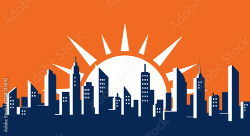 Vector illustration of a modern city skyline silhouette against a rising sun.