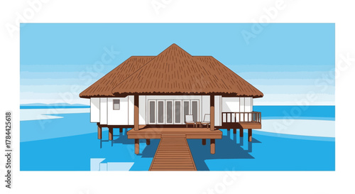 An overwater bungalow with a thatched roof, set against a blue sky and ocean.