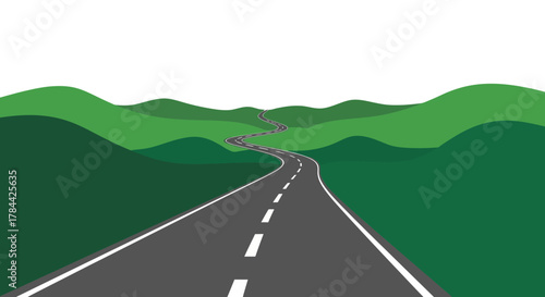 Winding road through green hills landscape illustration.