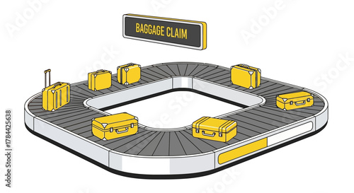 Illustration of an airport baggage claim conveyor belt with multiple yellow suitcases.