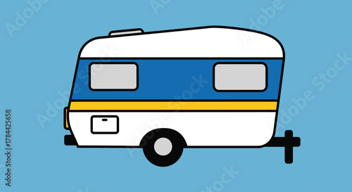 A simple vector illustration of a classic blue and white caravan trailer for camping and travel.