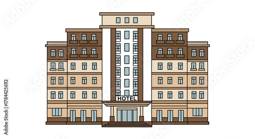 Illustration of a hotel building with multiple floors, windows, and a welcoming entrance.