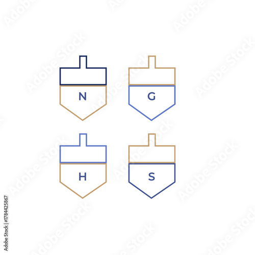 Hanukkah dreidel, traditional Jewish game. linear design in minimal style. letters that say NES GADOL HAYA SHAM, A BIG MIRACLE WAS THERE.