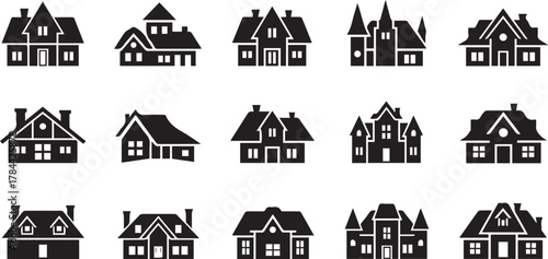 Set of black vector house icons and home silhouettes for real estate or residential design.