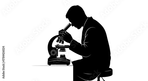 Silhouette of a scientist or researcher looking through a microscope on a white background.