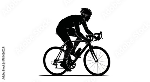 Silhouette of a cyclist in full racing gear on a road bike, captured in a dynamic side profile against a white background.