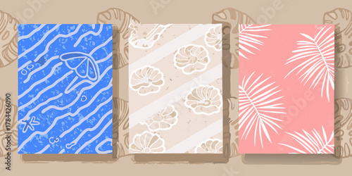Three patterned cards with beach umbrella, shells, and palm leaves on a monstera background created with generated ai