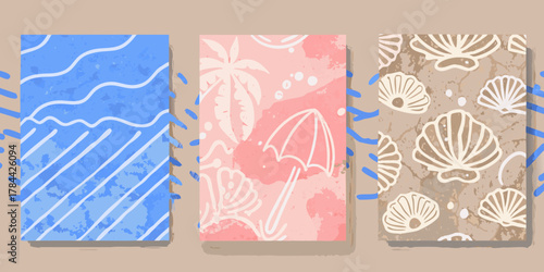 Three illustrated summer themed cards with beach umbrella seashells and ocean waves in pastel colors created with generated ai