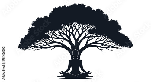 Silhouette of a person meditating under a tree with expansive branches.