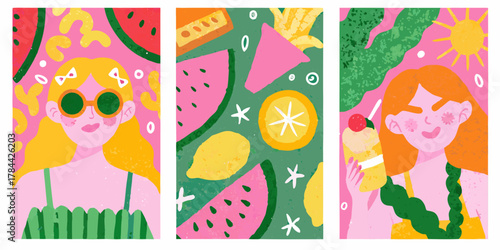 Illustrations of women with summer themes including fruit and drinks in a bright and colorful style created with generated ai