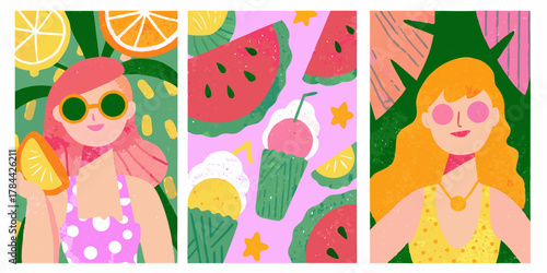 Illustrations of summer themes with girls, fruits, and ice cream in a colorful and playful style created with generated ai