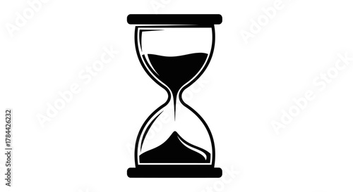 A simple black and white graphic illustration of an hourglass with sand flowing, symbolizing time passing.