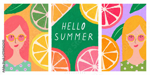 A summer collage featuring girls with sunglasses and citrus fruits in a vibrant and colorful style created with generated ai