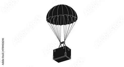 Black and white illustration of a parachute carrying a large, rectangular box.