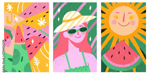 Three summer themed illustrations featuring watermelon, a woman and a sun with rays created with generated ai