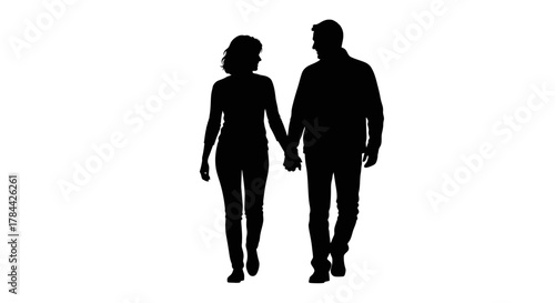 Silhouette of a couple walking hand in hand, isolated on white background.