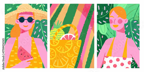 Illustration of summer scenes with women, fruit, and tropical leaves in a colorful style created with generated ai