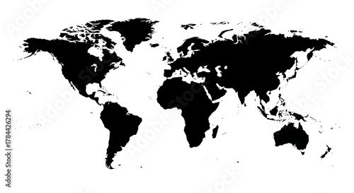 Black silhouette of the world map showing all continents on a plain white background.