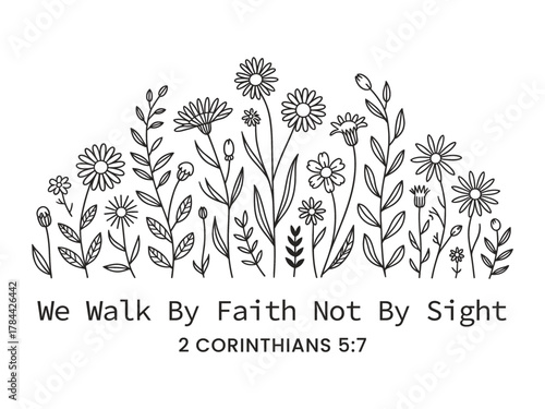 Black line art floral design with Christian Bible verse quote faith scripture