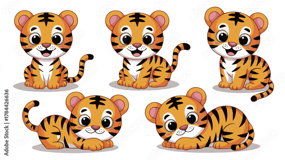 Obraz premium Isolated a kinds of deferent cute Tiger vector art with white background.