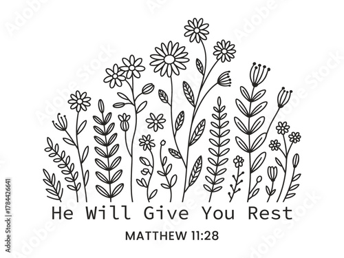 Black and white line art floral design with Bible verse christian matthew 11 28