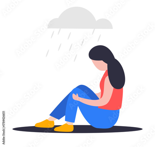 Sad woman sitting under a rain cloud depicting depression