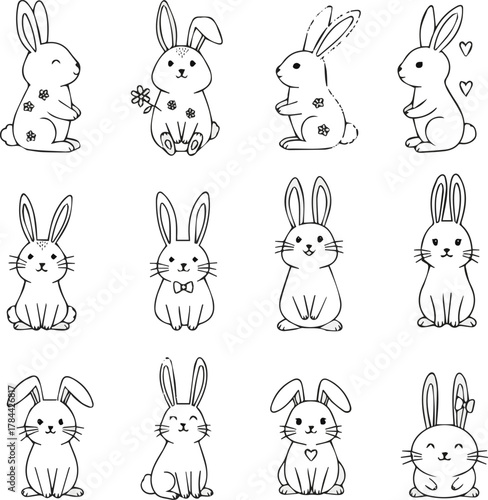Isolated a kinds of deferent set of simple doodle hand-drawn decorative illustrations. A various of cute rabbit vector art with white background..