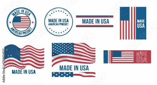 Collection of Made in USA vector labels and badges with American flag elements isolated on white