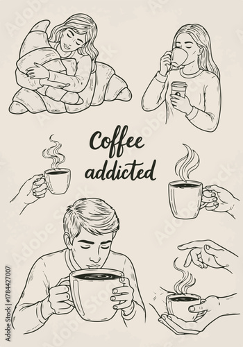 Vintage line art set of coffee addicted people, hands holding mugs, and croissant breakfast illustration
