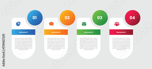 4 points infographic with gradient style with round capsule ellipse with circle badge on top with 4 elements stages