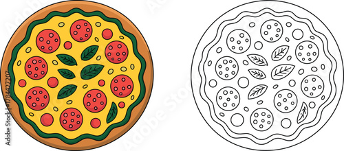 Pizza illustration, colorful food vector, pepperoni slice drawing, cheese topping artwork, outline coloring page, kids activity, cartoon meal design