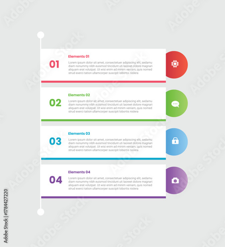 4 points infographic with gradient style with long rectangle box with stacked list with line connection with 4 elements stages