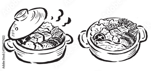 寄せ鍋・ちゃんこ鍋などのオーソドックスな鍋料理　単色線画のみ　筆タッチ手描きイラスト