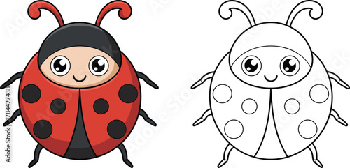 Cartoon ladybug illustration, cute insect character, red bug with black spots, outline coloring page, children’s educational activity vector art
