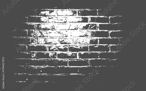 A black and white image showing a brick wall with some damage and missing pieces of the brickwork. Use for decoration, aging or old layer, Distress Overlay Texture, transparent background