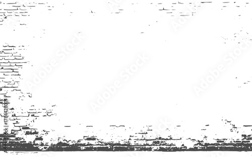 A black and white image showing a brick wall with some damage and missing pieces of the brickwork. Use for decoration, aging or old layer, Distress Overlay Texture, transparent background