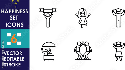 Simple happiness icon set showing joyful people celebrating, dancing, jumping, and enjoying life. Clean vector line art design with editable strokes for creative use