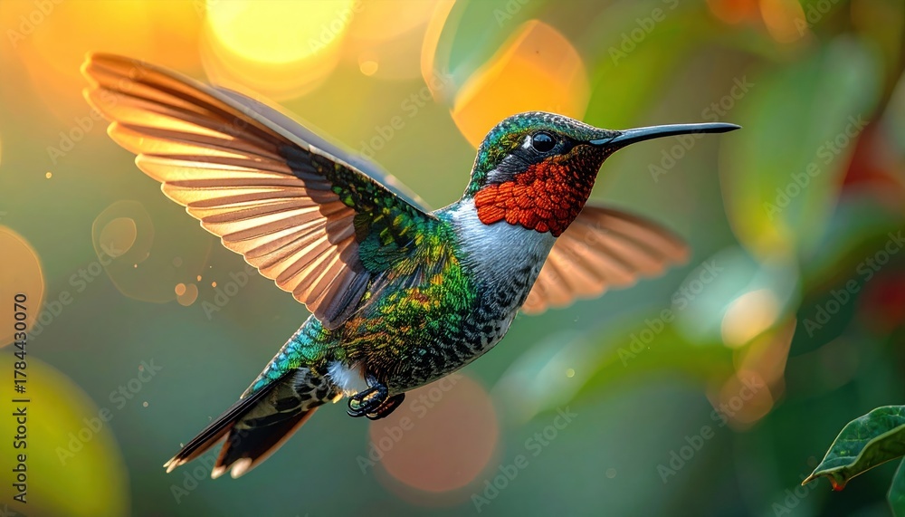 Fototapeta premium A hummingbird in flight, wings outstretched, bathed in sunlight