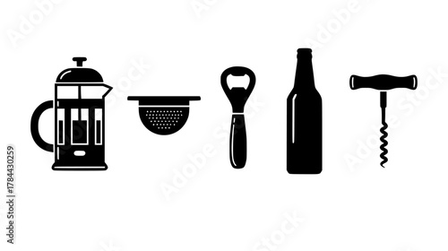 Collection of beverage preparation tools — continuous line art set featuring a coffee French press, tea strainer, bottle opener, and corkscrew silhouettes (Drink Prep Outline Set).