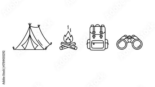 Minimalist outline set of camping essentials — simple continuous line art featuring tent, campfire, backpack, and binoculars silhouettes (Camping Gear Outlines).