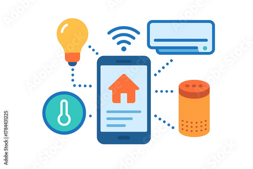 A colorful illustration representing a smart home ecosystem. A central smartphone displays a house icon and is connected wirelessly to various Internet of Things (IoT) devices, including a light bulb,