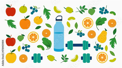 A flat lay illustration showcasing items associated with health, fitness, and nutrition. The layout features a central blue water bottle and a pair of teal dumbbells, surrounded by a colorful array 